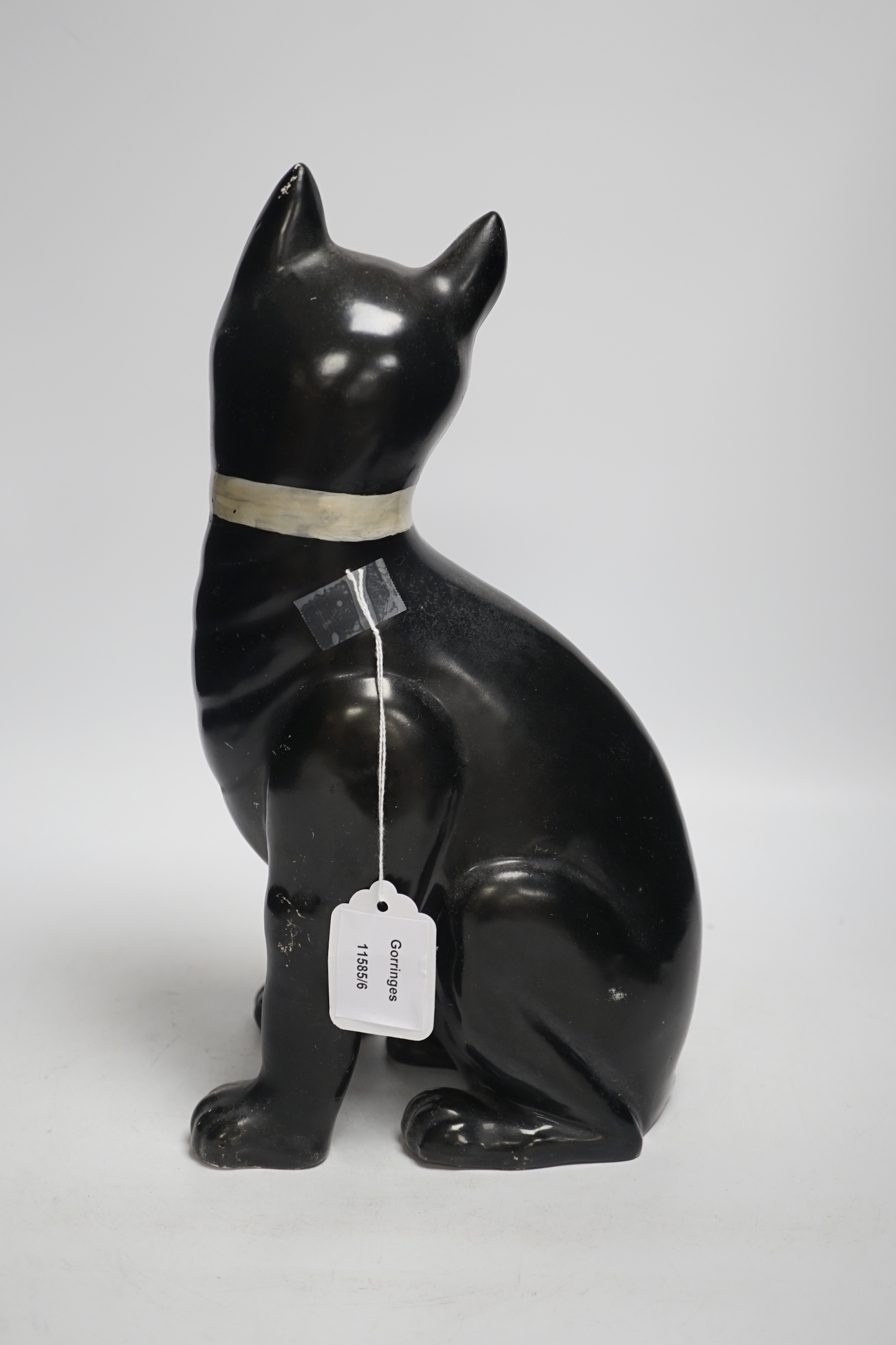 A Gallé style black glazed model cat with glass eyes, possibly Mosanic, 33cm high